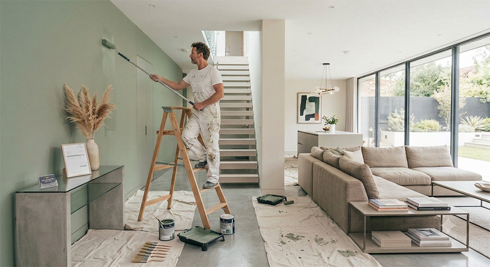 Painter and decorator working on a room